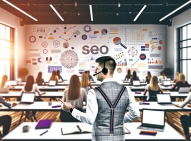 Moderner SEO-Workshop mit vielfältigen Teilnehmern, charismatischem Trainer und digitalen Arbeitsmitteln in einem hellen Seminarraum
