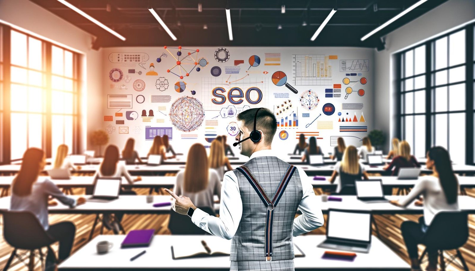 Moderner SEO-Workshop mit vielfältigen Teilnehmern, charismatischem Trainer und digitalen Arbeitsmitteln in einem hellen Seminarraum