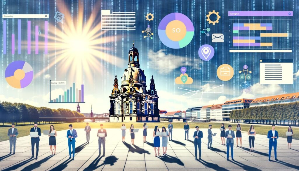 Dynamische Collage im Editorial-Stil mit Dresdner Skyline und Frauenkirche, modernen SEO-Elementen, unseriöser und moderner Agentur im Kontrast, sowie blendender Sonne als Metapher für Sichtbarkeit.