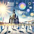 Dynamische Collage im Editorial-Stil mit Dresdner Skyline und Frauenkirche, modernen SEO-Elementen, unseriöser und moderner Agentur im Kontrast, sowie blendender Sonne als Metapher für Sichtbarkeit.