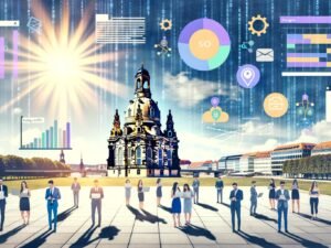 Dynamische Collage im Editorial-Stil mit Dresdner Skyline und Frauenkirche, modernen SEO-Elementen, unseriöser und moderner Agentur im Kontrast, sowie blendender Sonne als Metapher für Sichtbarkeit.