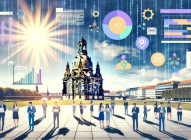 Dynamische Collage im Editorial-Stil mit Dresdner Skyline und Frauenkirche, modernen SEO-Elementen, unseriöser und moderner Agentur im Kontrast, sowie blendender Sonne als Metapher für Sichtbarkeit.