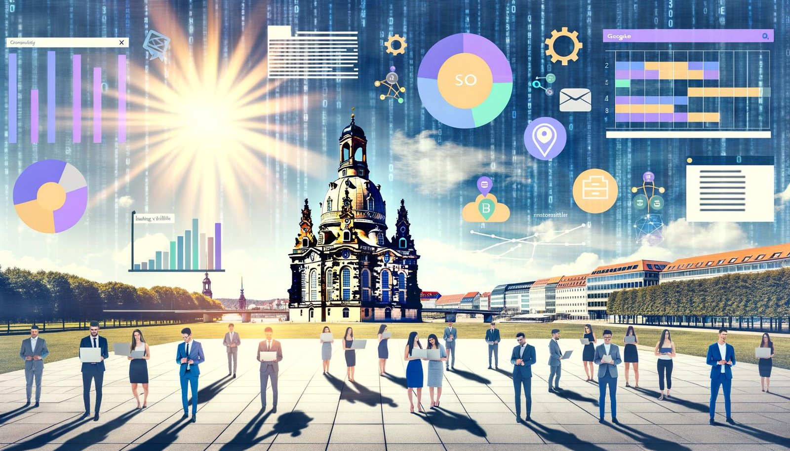 Dynamische Collage im Editorial-Stil mit Dresdner Skyline und Frauenkirche, modernen SEO-Elementen, unseriöser und moderner Agentur im Kontrast, sowie blendender Sonne als Metapher für Sichtbarkeit.