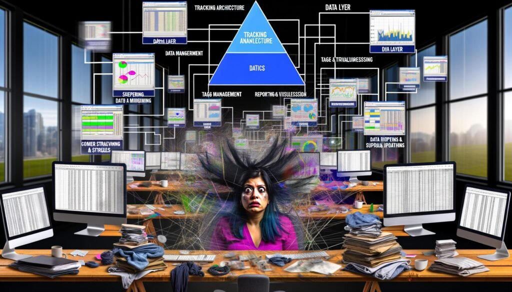 Frustrierter E-Commerce-Shop-Besitzer im Datenchaos vor digitalen Dashboards, im Hintergrund eine übersichtliche Pyramidengrafik mit den Schichten der E-Commerce-Analyse.