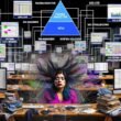 Frustrierter E-Commerce-Shop-Besitzer im Datenchaos vor digitalen Dashboards, im Hintergrund eine übersichtliche Pyramidengrafik mit den Schichten der E-Commerce-Analyse.