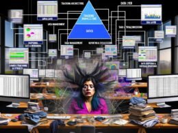 Frustrierter E-Commerce-Shop-Besitzer im Datenchaos vor digitalen Dashboards, im Hintergrund eine übersichtliche Pyramidengrafik mit den Schichten der E-Commerce-Analyse.