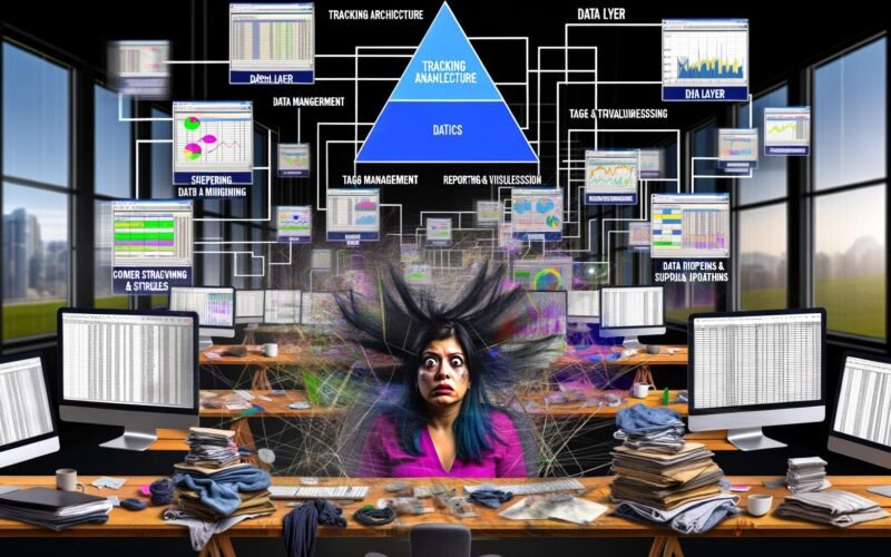 Frustrierter E-Commerce-Shop-Besitzer im Datenchaos vor digitalen Dashboards, im Hintergrund eine übersichtliche Pyramidengrafik mit den Schichten der E-Commerce-Analyse.