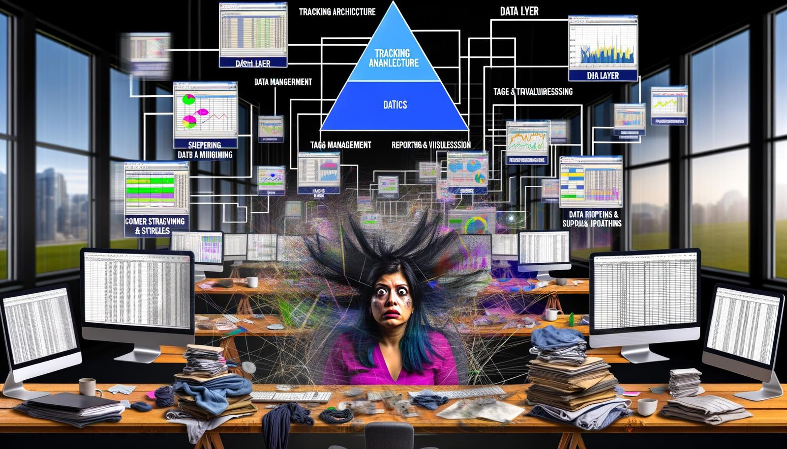 Frustrierter E-Commerce-Shop-Besitzer im Datenchaos vor digitalen Dashboards, im Hintergrund eine übersichtliche Pyramidengrafik mit den Schichten der E-Commerce-Analyse.