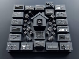 Modernes, vollintegriertes 3D-E-Commerce-Dashboard mit interaktiven Diagrammen für Umsatz, Conversion-Rate, Churn Rate, Traffic-Quellen und hervorgehobenen KPI-Kacheln wie AOV, CLV und CAC auf dunklem Hintergrund.
