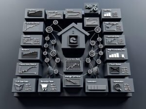 Modernes, vollintegriertes 3D-E-Commerce-Dashboard mit interaktiven Diagrammen für Umsatz, Conversion-Rate, Churn Rate, Traffic-Quellen und hervorgehobenen KPI-Kacheln wie AOV, CLV und CAC auf dunklem Hintergrund.