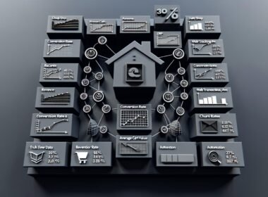 Modernes, vollintegriertes 3D-E-Commerce-Dashboard mit interaktiven Diagrammen für Umsatz, Conversion-Rate, Churn Rate, Traffic-Quellen und hervorgehobenen KPI-Kacheln wie AOV, CLV und CAC auf dunklem Hintergrund.