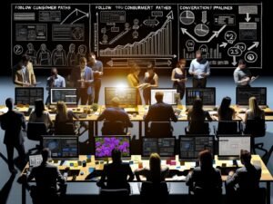 Professionelles E-Commerce-Team analysiert Verkaufszahlen und Datenvisualisierungen in einem modernen, technisch ausgestatteten Büro.