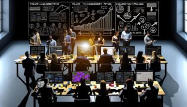 Professionelles E-Commerce-Team analysiert Verkaufszahlen und Datenvisualisierungen in einem modernen, technisch ausgestatteten Büro.