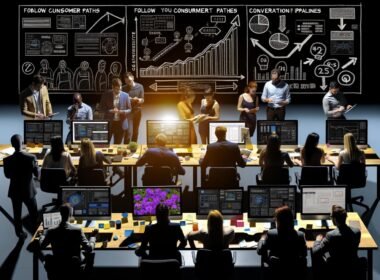 Professionelles E-Commerce-Team analysiert Verkaufszahlen und Datenvisualisierungen in einem modernen, technisch ausgestatteten Büro.