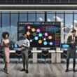 Dynamische Szene: Eventplaner-Team betrachtet digitale Event Mapping Checkliste im modernen Büro mit vernetzten Tools und Echtzeit-Analytics.