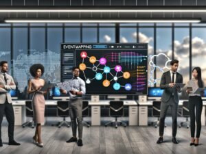Dynamische Szene: Eventplaner-Team betrachtet digitale Event Mapping Checkliste im modernen Büro mit vernetzten Tools und Echtzeit-Analytics.