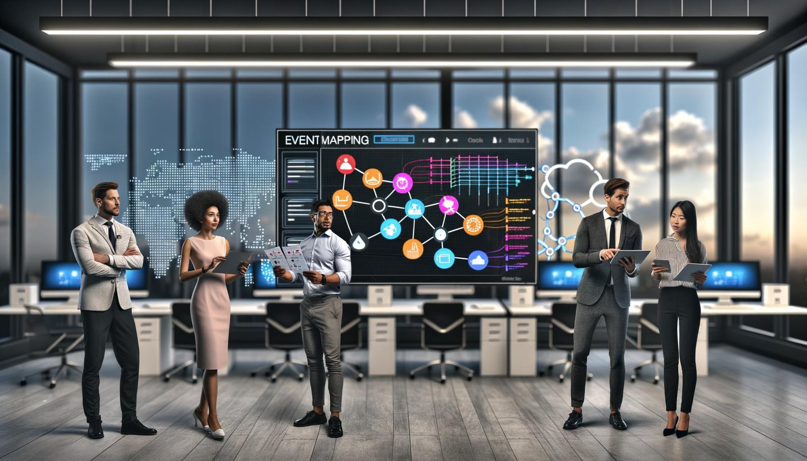 Dynamische Szene: Eventplaner-Team betrachtet digitale Event Mapping Checkliste im modernen Büro mit vernetzten Tools und Echtzeit-Analytics.
