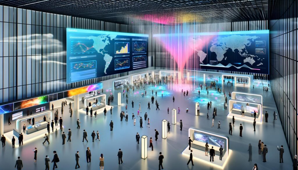 Futuristischer Veranstaltungssaal mit digitalen Karten, großen Transparent-Displays, Heatmaps und Besuchern mit Smartphones und Wearables.