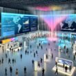 Futuristischer Veranstaltungssaal mit digitalen Karten, großen Transparent-Displays, Heatmaps und Besuchern mit Smartphones und Wearables.