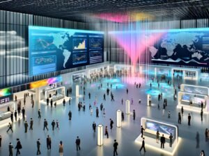 Futuristischer Veranstaltungssaal mit digitalen Karten, großen Transparent-Displays, Heatmaps und Besuchern mit Smartphones und Wearables.