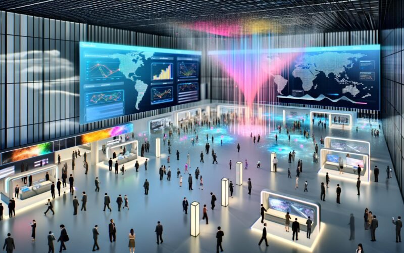 Futuristischer Veranstaltungssaal mit digitalen Karten, großen Transparent-Displays, Heatmaps und Besuchern mit Smartphones und Wearables.