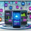 Modern gestaltetes Dashboard mit Smartphone und Laptop, das vielfältige Visualisierungen, Event-Icons und strukturierte Datenfelder in einem digitalen Tech-Büro präsentiert.