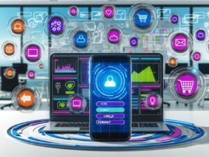 Modern gestaltetes Dashboard mit Smartphone und Laptop, das vielfältige Visualisierungen, Event-Icons und strukturierte Datenfelder in einem digitalen Tech-Büro präsentiert.