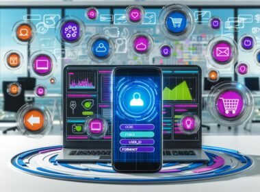 Modern gestaltetes Dashboard mit Smartphone und Laptop, das vielfältige Visualisierungen, Event-Icons und strukturierte Datenfelder in einem digitalen Tech-Büro präsentiert.