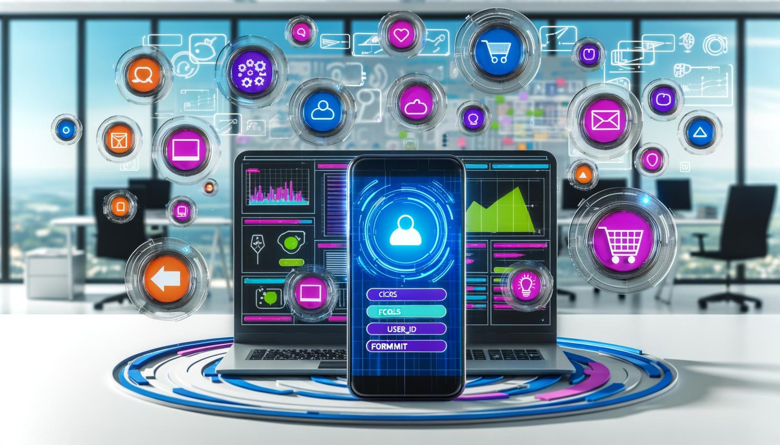 Modern gestaltetes Dashboard mit Smartphone und Laptop, das vielfältige Visualisierungen, Event-Icons und strukturierte Datenfelder in einem digitalen Tech-Büro präsentiert.