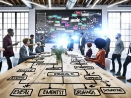 Tech-Team arbeitet an Whiteboard mit bunten Event-Karten und Stickern, während Monitore Echtzeit-Dashboards mit digitalen Workflows zeigen.