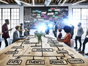 Tech-Team arbeitet an Whiteboard mit bunten Event-Karten und Stickern, während Monitore Echtzeit-Dashboards mit digitalen Workflows zeigen.