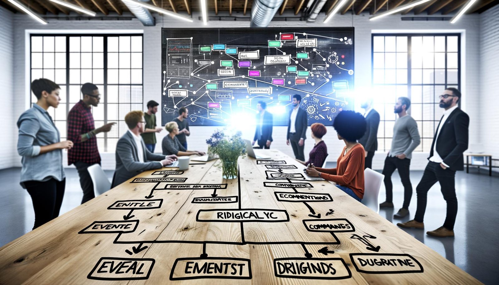 Tech-Team arbeitet an Whiteboard mit bunten Event-Karten und Stickern, während Monitore Echtzeit-Dashboards mit digitalen Workflows zeigen.