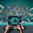 Dynamische Illustration eines Online-Marketers mit mehreren digitalen Tools, Monitoren, Social-Media-Icons, Automatisierungssymbolen und schwebenden Dollarscheinen vor Pool-Hintergrund.