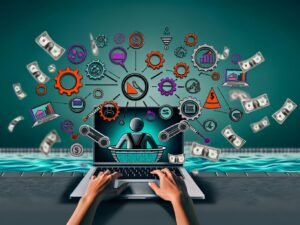 Dynamische Illustration eines Online-Marketers mit mehreren digitalen Tools, Monitoren, Social-Media-Icons, Automatisierungssymbolen und schwebenden Dollarscheinen vor Pool-Hintergrund.