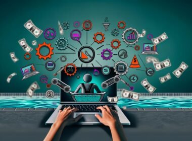 Dynamische Illustration eines Online-Marketers mit mehreren digitalen Tools, Monitoren, Social-Media-Icons, Automatisierungssymbolen und schwebenden Dollarscheinen vor Pool-Hintergrund.