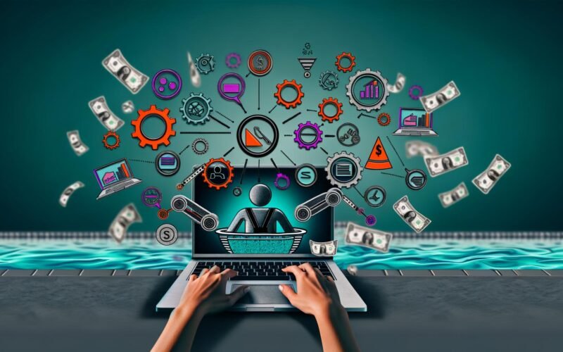 Dynamische Illustration eines Online-Marketers mit mehreren digitalen Tools, Monitoren, Social-Media-Icons, Automatisierungssymbolen und schwebenden Dollarscheinen vor Pool-Hintergrund.