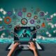 Dynamische Illustration eines Online-Marketers mit mehreren digitalen Tools, Monitoren, Social-Media-Icons, Automatisierungssymbolen und schwebenden Dollarscheinen vor Pool-Hintergrund.
