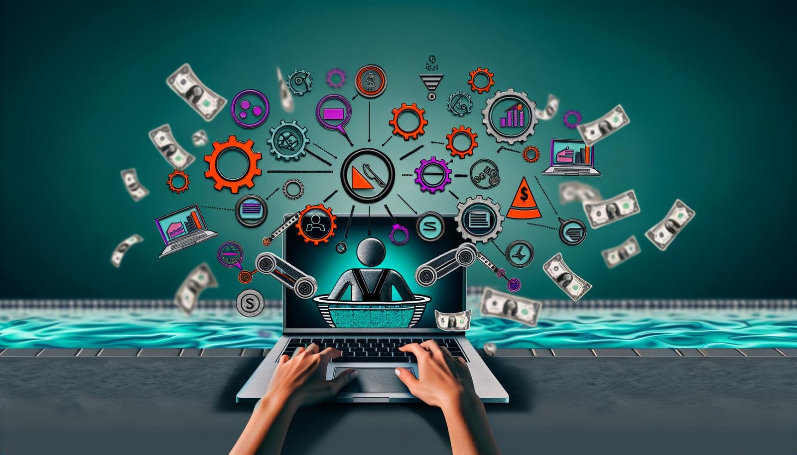 Dynamische Illustration eines Online-Marketers mit mehreren digitalen Tools, Monitoren, Social-Media-Icons, Automatisierungssymbolen und schwebenden Dollarscheinen vor Pool-Hintergrund.
