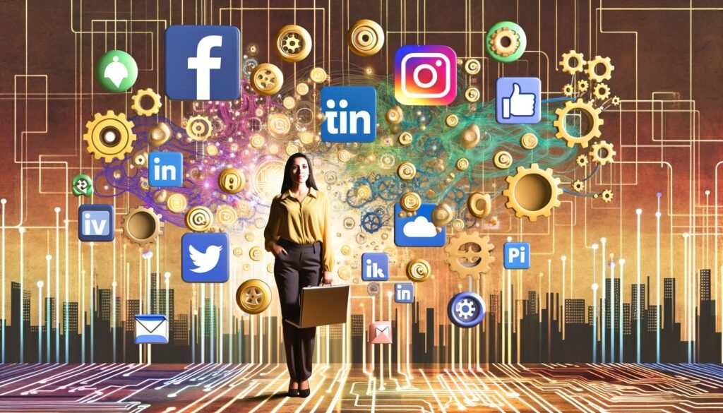 Mensch mit Laptop inmitten von Social-Media-Icons, Automatisierungssymbolen und digitalen Analysecharts vor einer urbanen Skyline mit Schaltkreis-Designs.