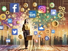 Mensch mit Laptop inmitten von Social-Media-Icons, Automatisierungssymbolen und digitalen Analysecharts vor einer urbanen Skyline mit Schaltkreis-Designs.