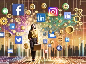 Mensch mit Laptop inmitten von Social-Media-Icons, Automatisierungssymbolen und digitalen Analysecharts vor einer urbanen Skyline mit Schaltkreis-Designs.