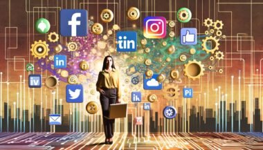 Mensch mit Laptop inmitten von Social-Media-Icons, Automatisierungssymbolen und digitalen Analysecharts vor einer urbanen Skyline mit Schaltkreis-Designs.
