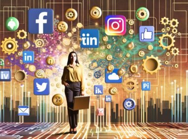 Mensch mit Laptop inmitten von Social-Media-Icons, Automatisierungssymbolen und digitalen Analysecharts vor einer urbanen Skyline mit Schaltkreis-Designs.