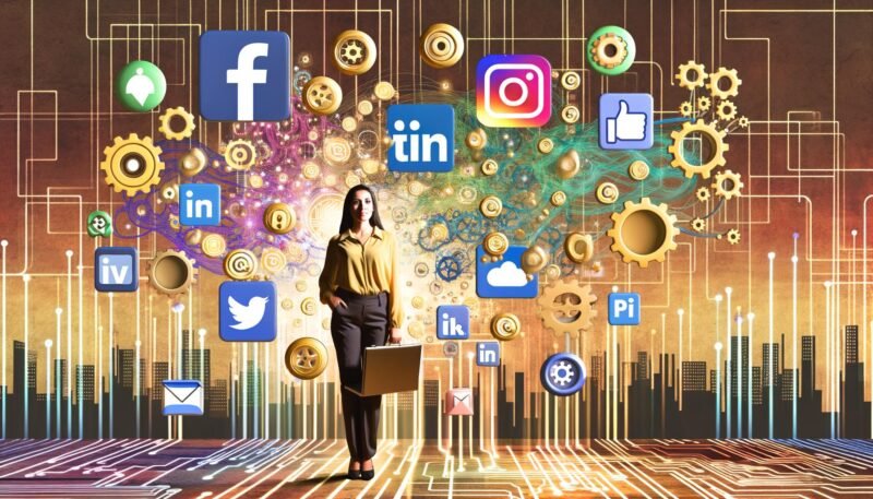 Mensch mit Laptop inmitten von Social-Media-Icons, Automatisierungssymbolen und digitalen Analysecharts vor einer urbanen Skyline mit Schaltkreis-Designs.