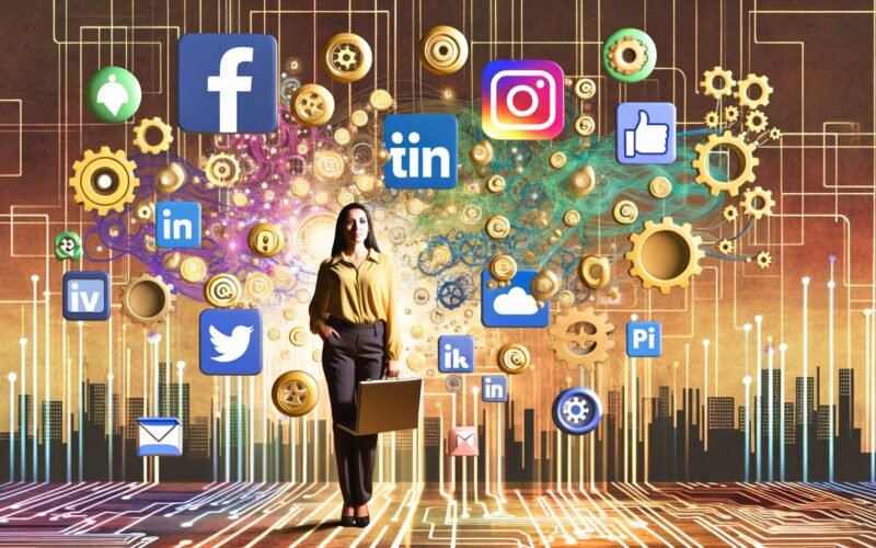 Mensch mit Laptop inmitten von Social-Media-Icons, Automatisierungssymbolen und digitalen Analysecharts vor einer urbanen Skyline mit Schaltkreis-Designs.