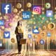 Mensch mit Laptop inmitten von Social-Media-Icons, Automatisierungssymbolen und digitalen Analysecharts vor einer urbanen Skyline mit Schaltkreis-Designs.
