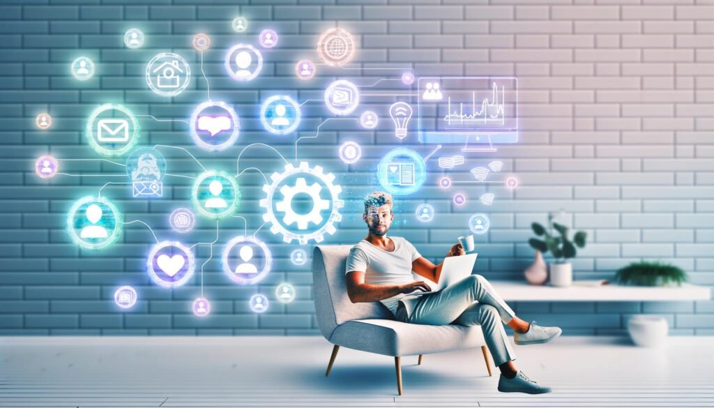 Entspannte Person arbeitet im modernen, minimalistisch eingerichteten Homeoffice mit Kaffee, Laptop und digitalen Icons für Automatisierung, passive Einnahmen und Social Media im Hintergrund.