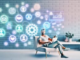 Entspannte Person arbeitet im modernen, minimalistisch eingerichteten Homeoffice mit Kaffee, Laptop und digitalen Icons für Automatisierung, passive Einnahmen und Social Media im Hintergrund.