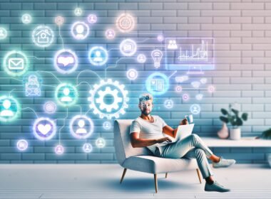Entspannte Person arbeitet im modernen, minimalistisch eingerichteten Homeoffice mit Kaffee, Laptop und digitalen Icons für Automatisierung, passive Einnahmen und Social Media im Hintergrund.