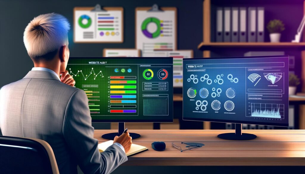 Büroarbeitsplatz mit zwei Bildschirmen, Website-Audit-Dashboard mit grünen, gelben und roten Statusanzeigen, Diagrammen und SEO-Warnungen, konzentrierter Analyst im Business-Casual, technische Symbole und offene SEO-Bücher im Hintergrund.